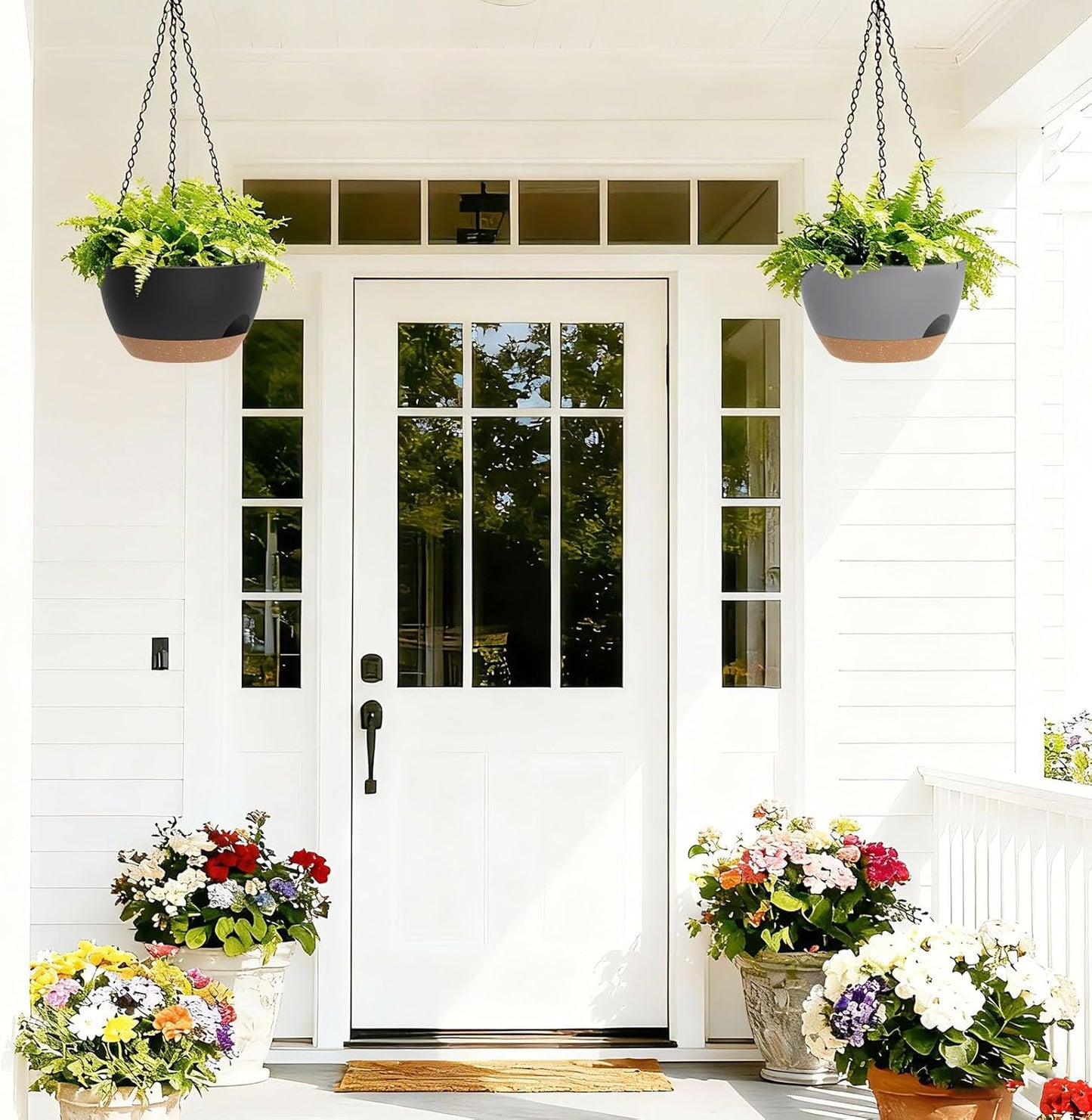 8 Inch Hanging Planters for Indoor Outdoor Plants, 4 Pack Black Plastic Self Watering Hanging Baskets with Drainage Holes and Chain for Garden Porch