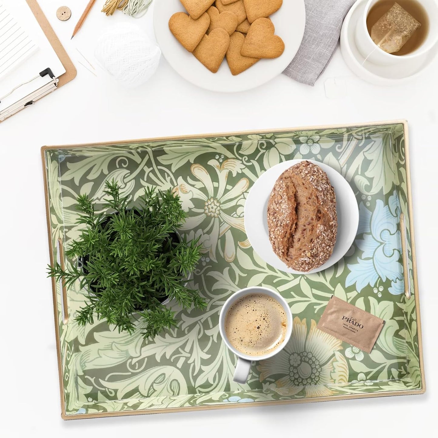 Spsyrine Serving Tray with Handles, Plastic Decorative Tray for Coffee Table, Living Room, Home Decor, Dianthus