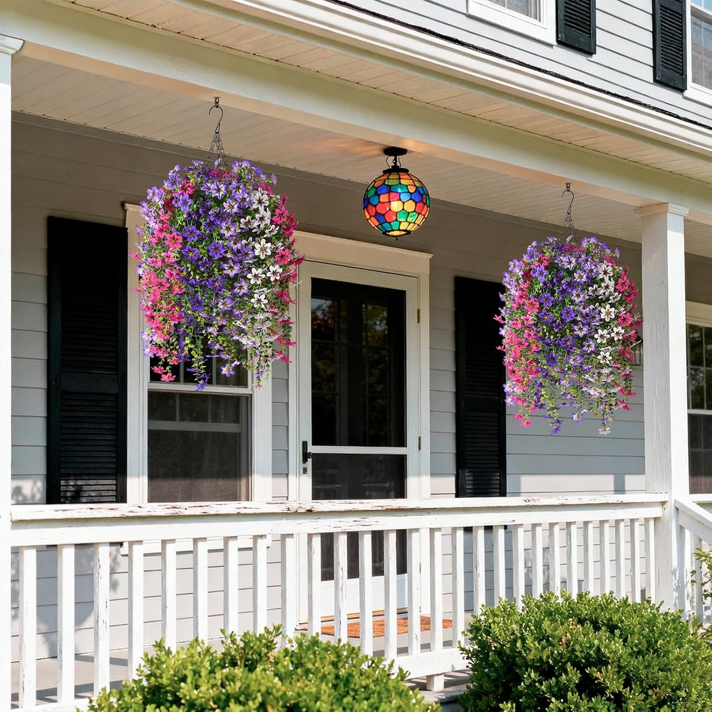 INQCMY Artificial Fake Hanging Plants Flowers Basket for Spring Summer Outdoor Outside Porch Decoration,UV Resistant Faux Silk Violet in Planter for Home Patio Balcony Garden Yard Decor(Red)