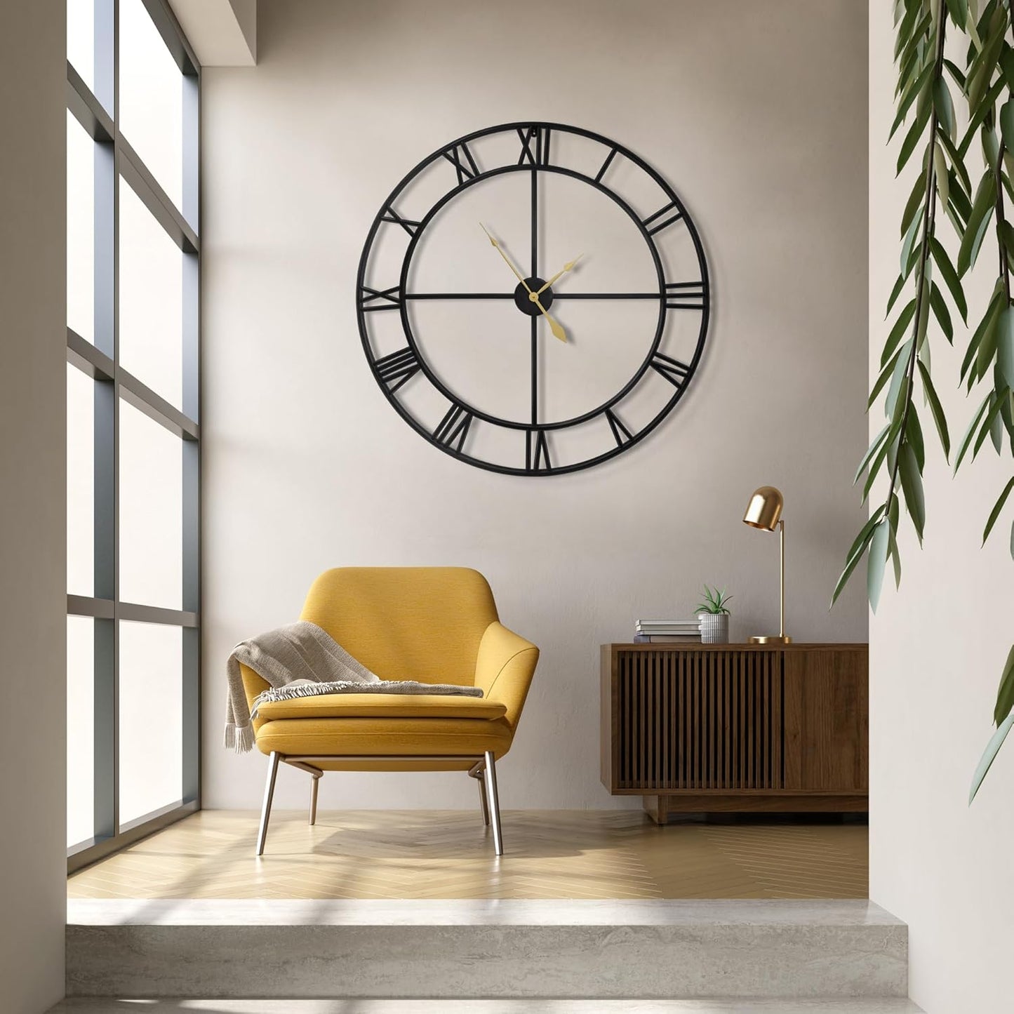 LEIKE 16" Large Wall Clocks Battery Operated, Round Modern Silent Non-Ticking Black Metal Wall Clock for Living Room Decor, Bedroom Kitchen (40cm Diameter, Black Roman Number)
