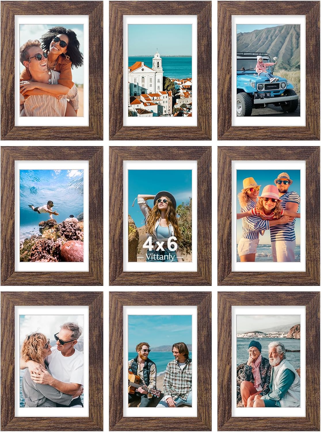 Vittanly 8x10 Picture Frames Set of 9, Shatter Resistant Plexiglass, Display 5x7 Pictures with Mat or 8x10 without Mat, Photo Frames for Wall or Tabletop, Engineered Wood, Black - Colors A