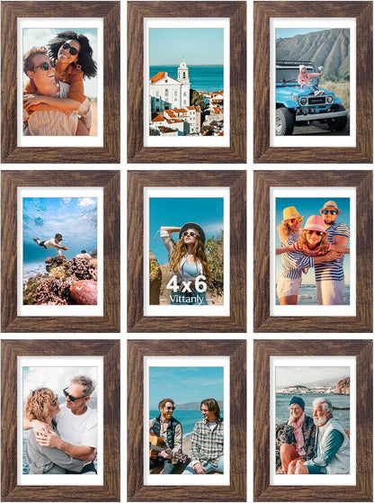 Vittanly 8x10 Picture Frames Set of 9, Shatter Resistant Plexiglass, Display 5x7 Pictures with Mat or 8x10 without Mat, Photo Frames for Wall or Tabletop, Engineered Wood, Black - Colors A
