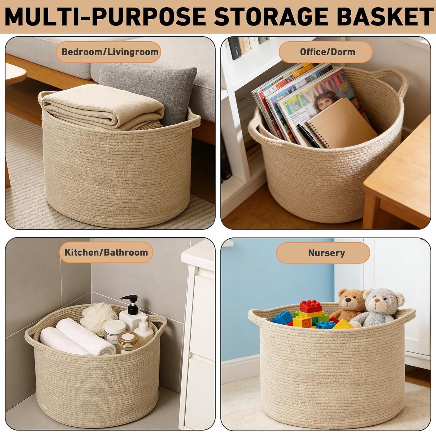 Large Woven Blanket Basket,65L Cotton Rope Laundry Basket Hamper with Handles, Decorative Nursery Basket Storage Bin for Toys, Clothes Organizer, Living Room, Bedroom, Bathroom, White & Brown