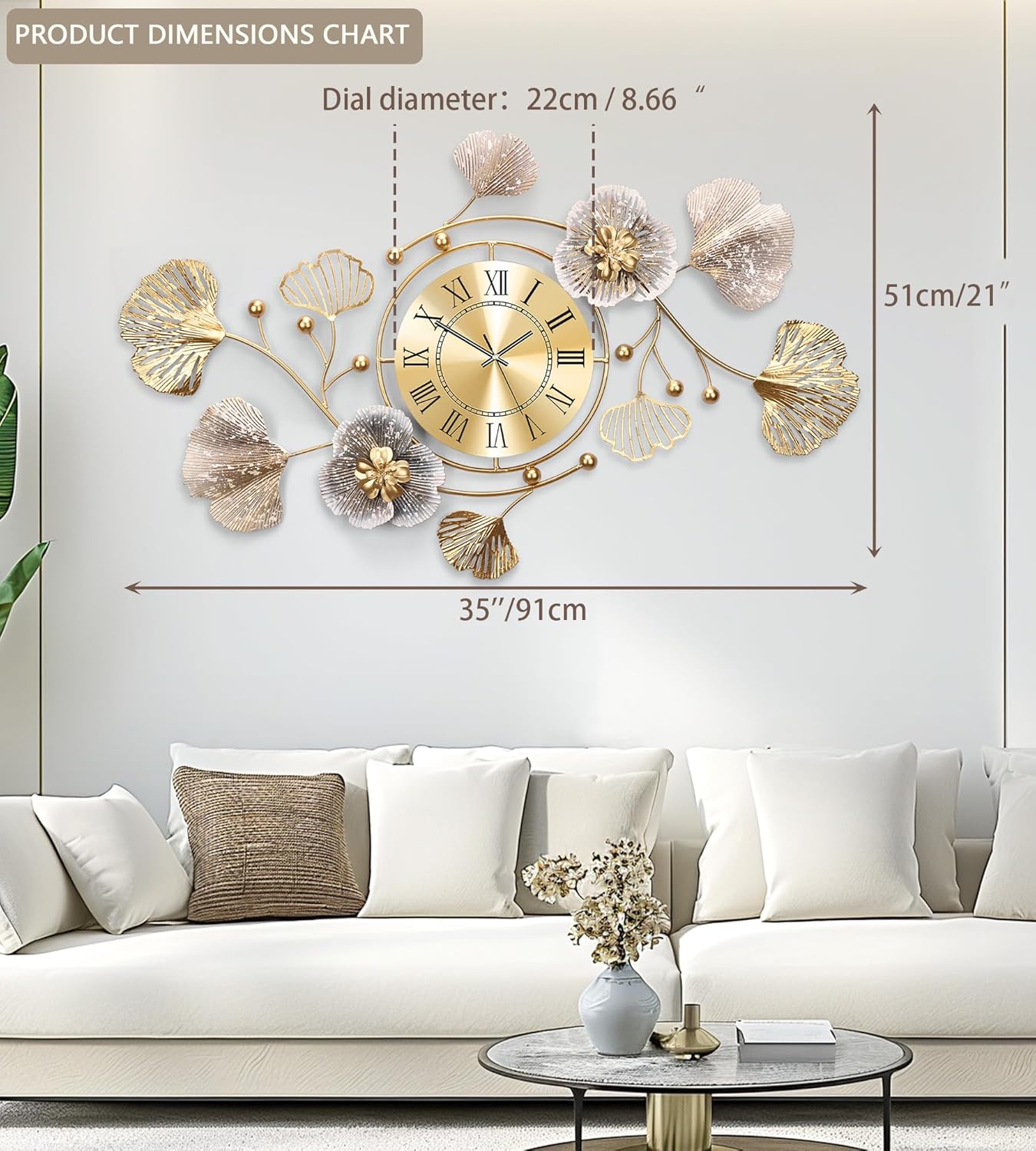 Clocks for Living Room, Large Wall Clock, 3D Silent Wall Clock, Retro Metal Ginkgo Leaf Design, for Bedroom Kitchen Decorative Wall Clocks（32''x18'' ）