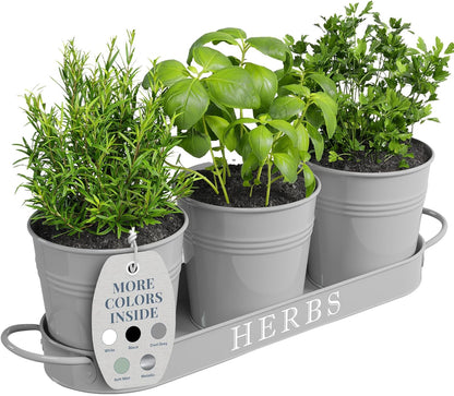 Barnyard Designs Indoor Herb Garden Planter Set with Tray, Metal Windowsill Plant Pots with Drainage for Outdoor or Indoor Plants, Set/3 (White)