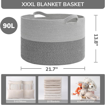 INDRESSME XXXLarge Blanket Basket for Living Room 21.7" x 21.7" x 13.8"-Storage Basket with Handle for Organizing Toy Pillows Woven Cotton Rope Laundry Basket Stuffed Animal Toy Storage for Play Room