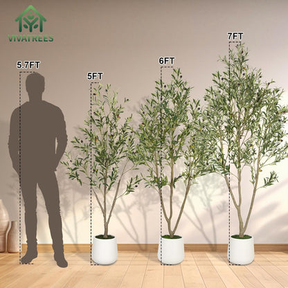 VIVATREES Olive Trees Artificial Indoor, 6FT Tall Faux Olive Tree with White Tall Planter, Artificial Plants with Natural Wood Trunk and Lifelike Fruits for Home Office Decor