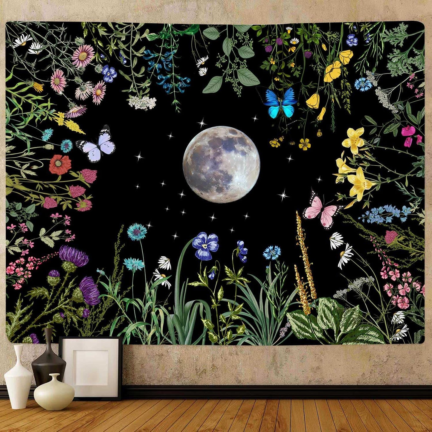 TPMDFC Moon Garden Tapestry, 80x60inch, Boho Moon Floral Tapestry for Bedroom Nature Flowers Plants Tapestries Wall Hanging for Living Room Dorm