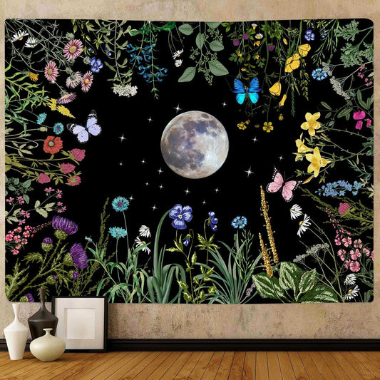 TPMDFC Moon Garden Tapestry, 80x60inch, Boho Moon Floral Tapestry for Bedroom Nature Flowers Plants Tapestries Wall Hanging for Living Room Dorm