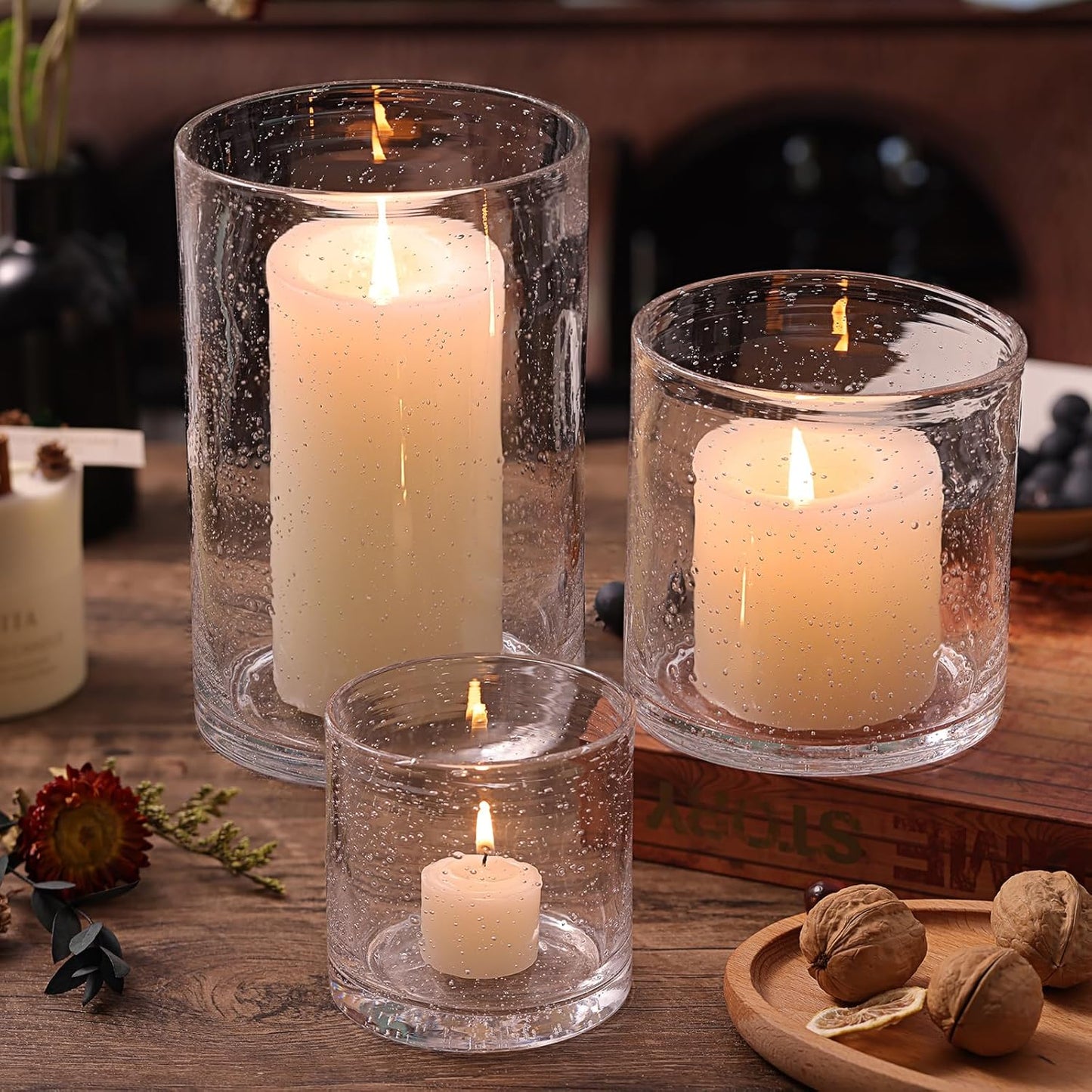NITIME Hurricane Candle Holder Set of 3 Clear Candle Holders for Pillar Candles, Seeded Bubbles Glass Candle Holder for table centerpiece, Glass Cylinder Vases for Home, Patio and Wedding 8"4.7"3.5"H