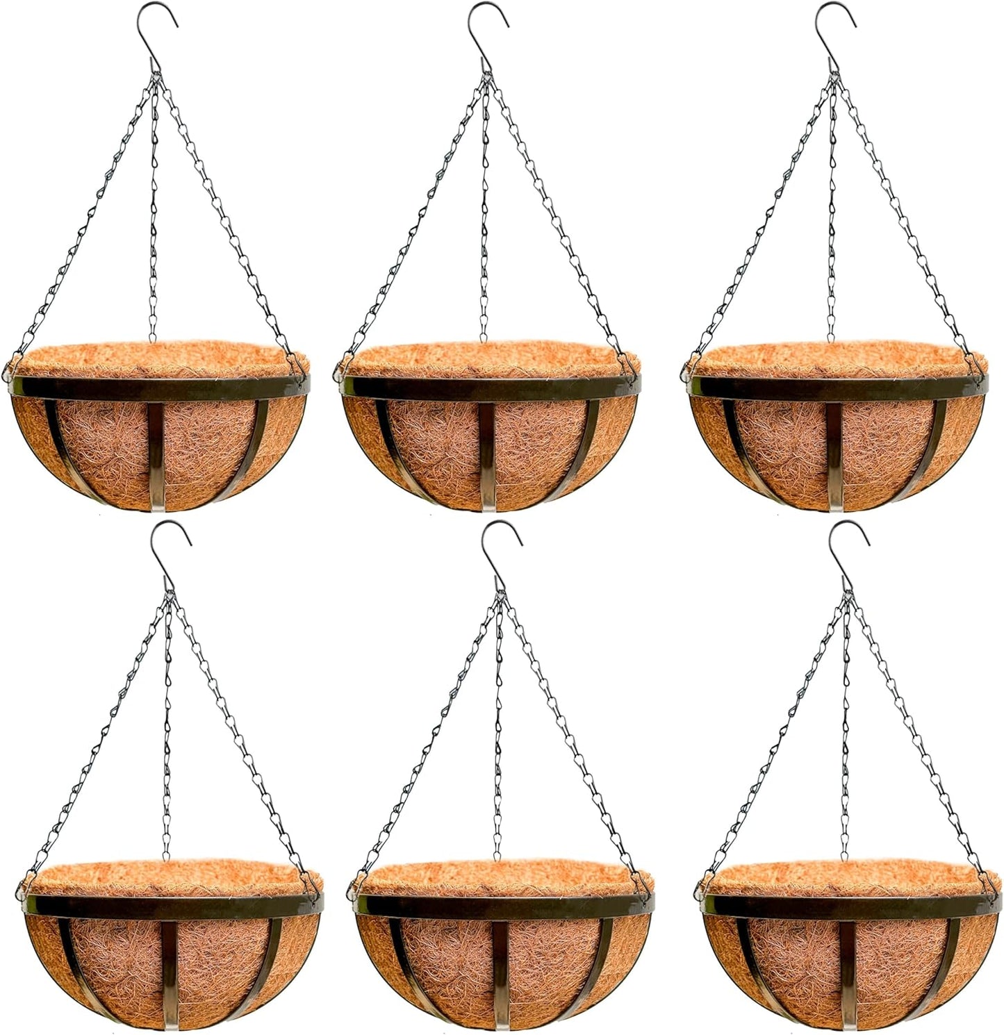 LaLaGreen Outdoor Hanging Baskets for Plants (12 Inch, 6 Pack) Medium Hanging Planter with Coco Liner, Flat Iron Metal Round Plant Flower Pots for Deck Patio Porch Garden Balcony Outside Decoration