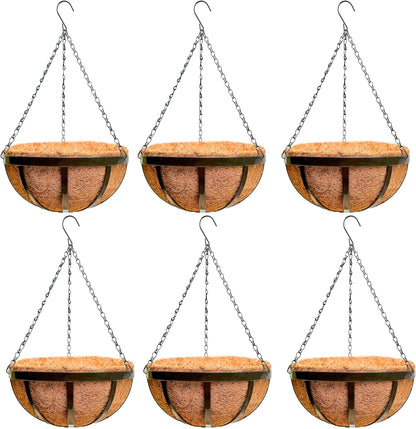 LaLaGreen Outdoor Hanging Baskets for Plants (12 Inch, 6 Pack) Medium Hanging Planter with Coco Liner, Flat Iron Metal Round Plant Flower Pots for Deck Patio Porch Garden Balcony Outside Decoration