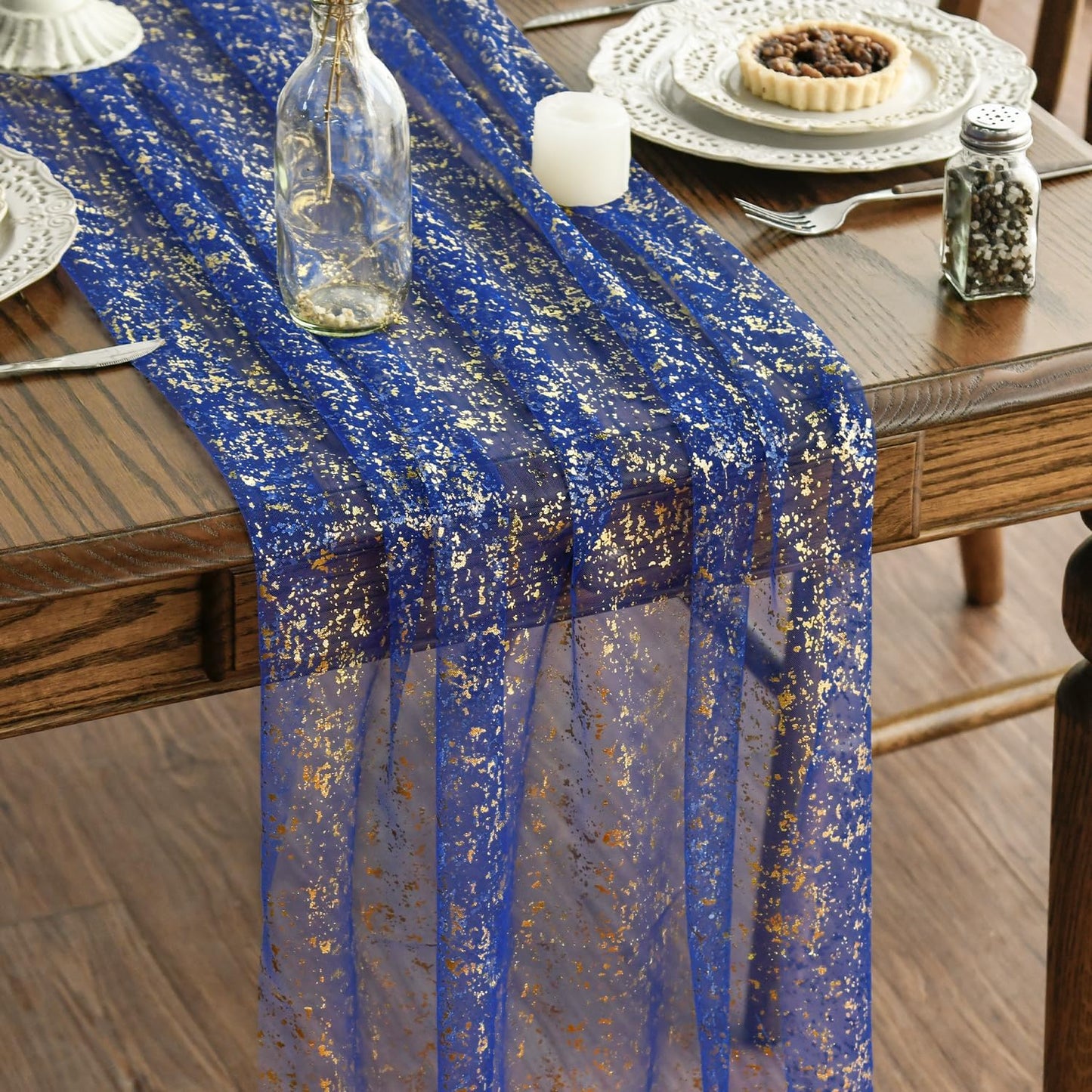 Artoid Mode Beige Gold Gauze Table Runner 120 Inch 10FT, Glitter Metallic Foil Sheer Dining Wedding Anniversary Holiday Birthday Table Decor for Home Party