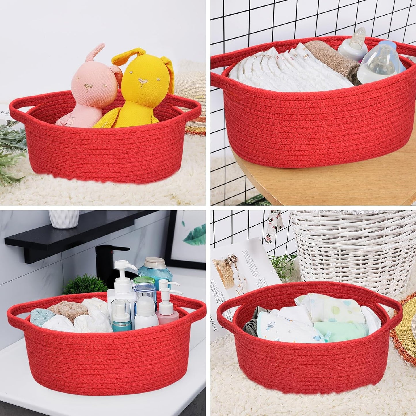 ABenkle Small Basket with Handles, Boho Decorative Rope Woven Dog Cat Toy Storage Bin Shelf Storage Organizer, Easter Christmas Gift Basket, 12"x8"x5", White