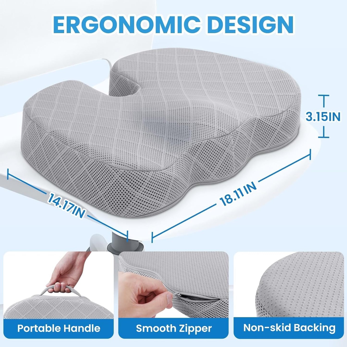 TushGuard Seat Cushion - Memory Foam Cushion for Office Chair, Car Seat, Airplane, Bleacher - Sciatica & Hip & Coccyx Pain Relief Desk Chair Cushion for Long Sitting Office Workers, Car Drivers