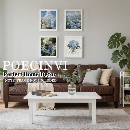 Poecinvi Blue and White Hydrangea Nautical Canvas Wall Art Prints Set of 4, Rustic French Country Hydrangea Flower Coastal Beach Posters Pictures Wall Decor for Home Living Room, 8x10 Unframed
