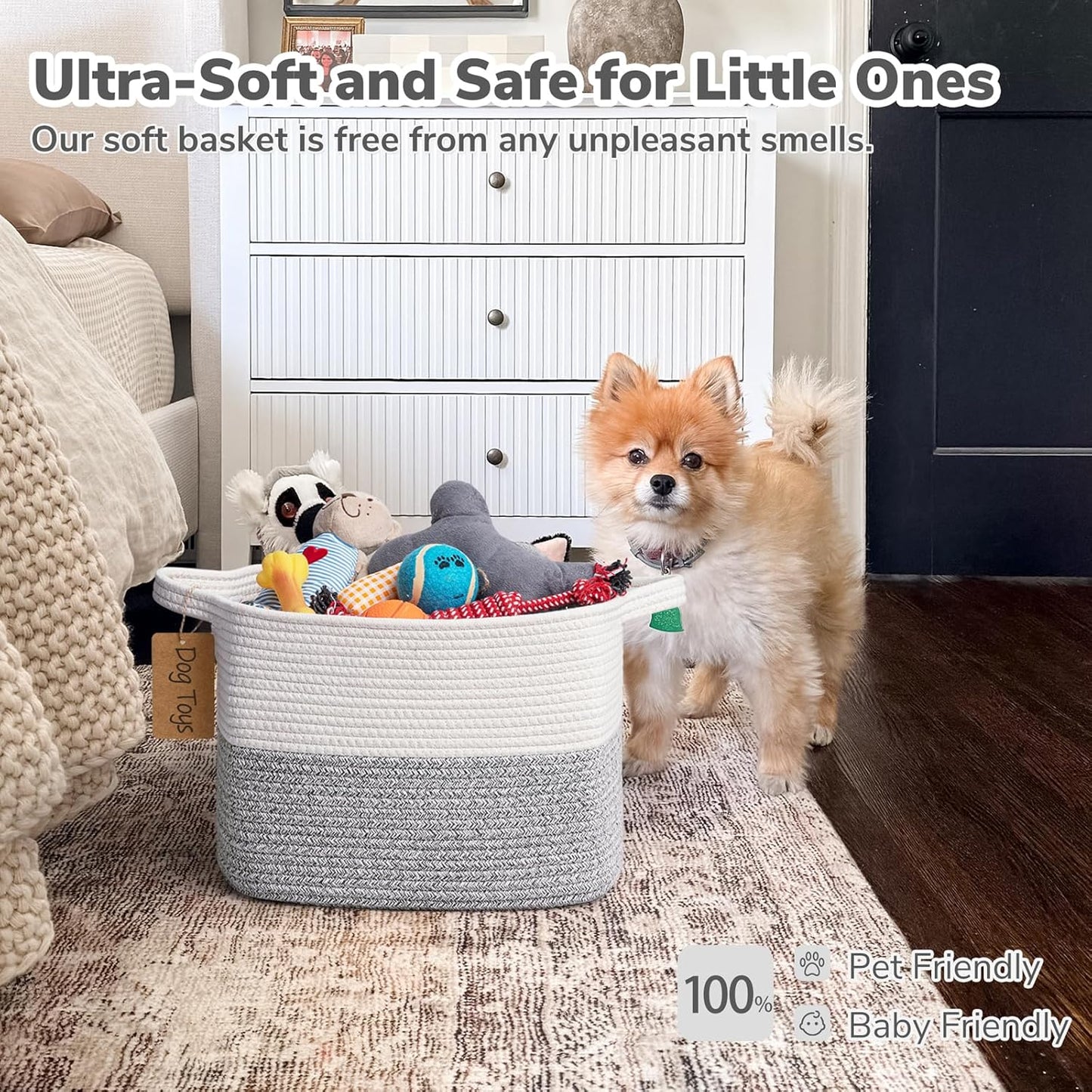 Goodpick Woven Storage Basket, Cotton Rope Basket for Dog Toys, Books, Stylish Gift Basket with Handles, 13 x 10 x 9 Inches Square Baskets for Organizing, Brown and White