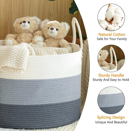 KAKAMAY Large Blanket Basket (20"x13"),Woven Baskets for storage Baby Laundry Hamper, Cotton Rope Blanket Basket for Living Room, Laundry, Nursery, Pillows, Baby Toy chest (White/Brown)