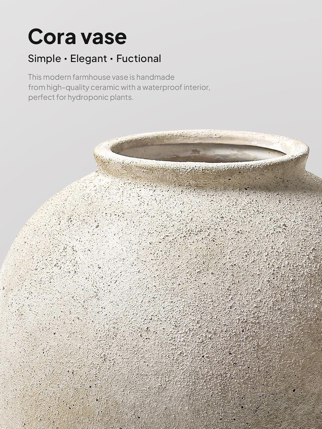 Large White Ceramic Vase - 9.8 Inch Rustic Farmhouse Flower Vase for Home Decor, Minimalist Tall Vases for Living Room, Table, Bathroom, Holiday & Weddings (Sandstone White)