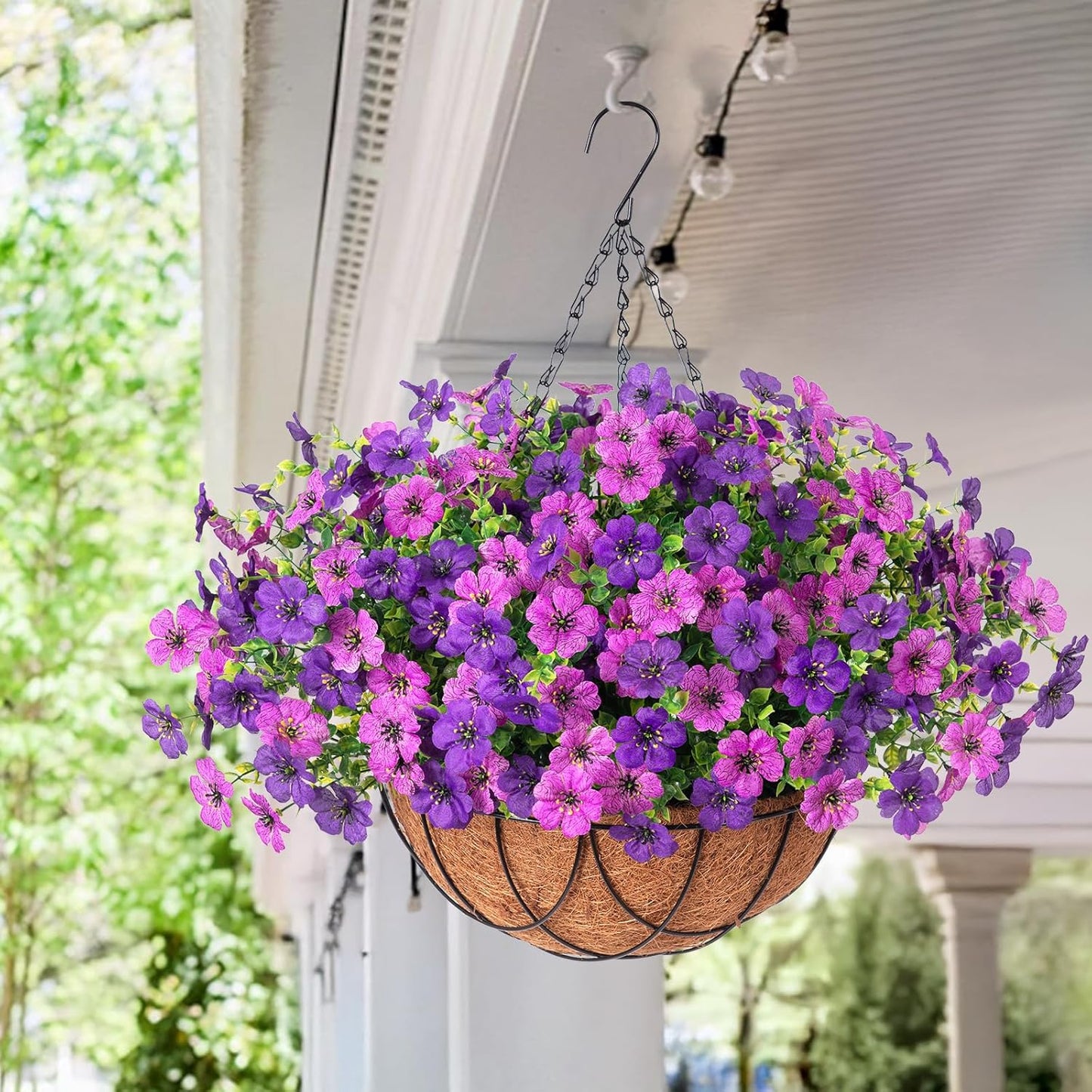 Artificial Silk Flowers Hanging Basket for Outdoor Indoor, Daisy with Eucalyptus Leaves Arrangement for Garden Yard Spring Summer Decor, Faux Green Plant in Metal Coconut Lining Pot(Red Purple)