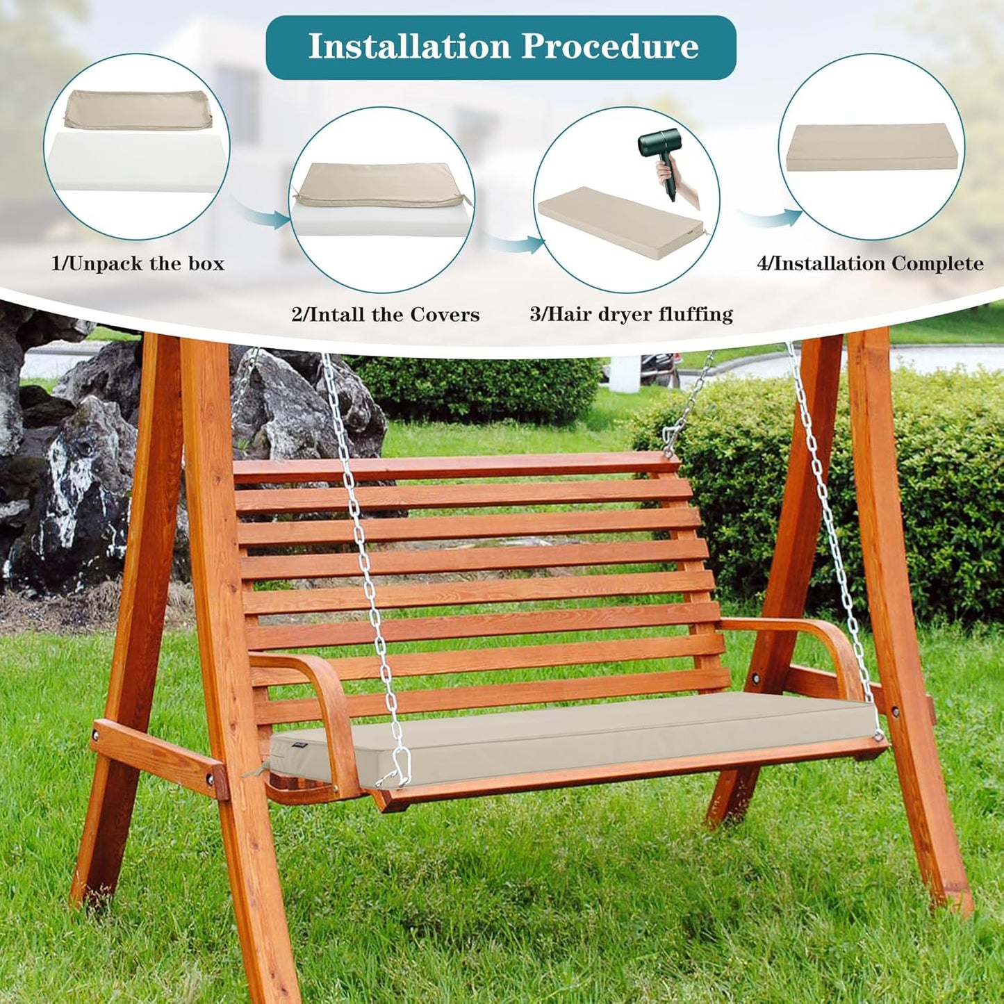 Outdoor Bench Cushions 48 x 18 Inch Thick Waterproof Porch Swing Cushions with Tie Patio Furniture Chair Cushion Bench Pad 5 Year Color Fastness Backyard Seat Pads Navy