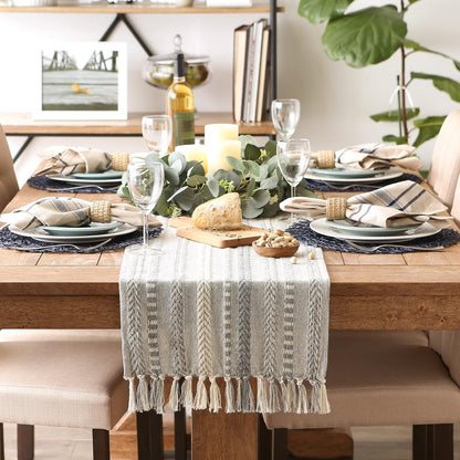 DII Farmhouse Braided Stripe Table Runner Collection, 15x72 (15x77, Fringe Included), Black