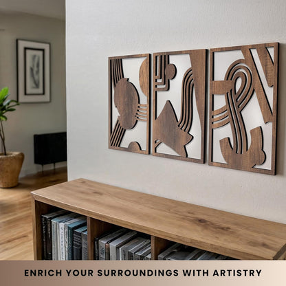 qmmp Modern Wooden Wall Sculptures - Set of 3 - Home Decor Accent - Large Wall Art for Living Room, Bedroom, Office - Easy Installation (Oak, Medium - Mountain and Sun)