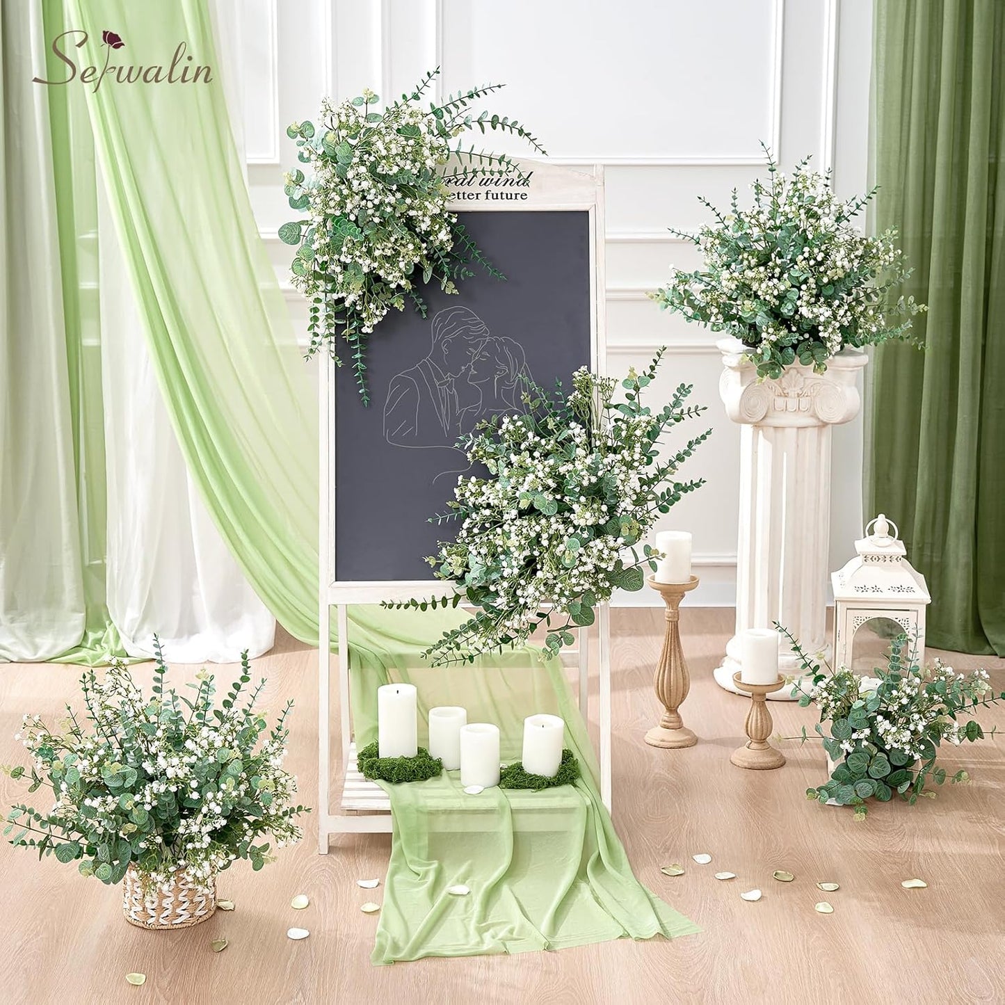 Serwalin 100 Pcs Mixed Artificial Eucalyptus Stems,Babys Breath Artificial Flowers Bulk with Faux Eucalyptus Leaves Greenery Stems for Wedding DIY Bouquets Floral Arrangement Home Decor