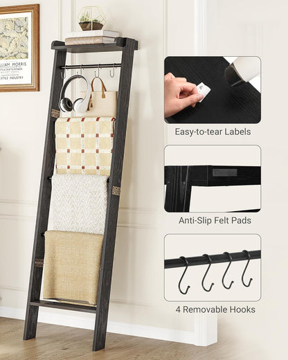 Hzuaneri Blanket Ladder Shelf, Decorative Quilt Rack, 6-Tier Farmhouse Ladder Holder Organizer with 4 Removable Hooks 7.9" D x 17.3" W x 63.4" H, Rustic Brown BR35801B