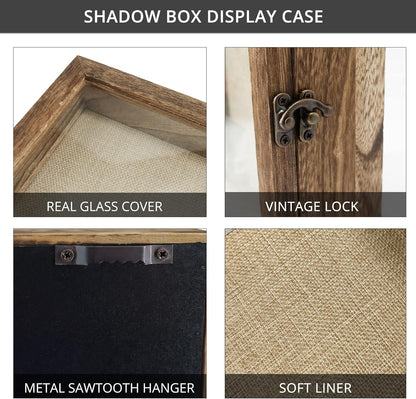 GraduationMall 13x16 Wood Shadow Box Frame Glass Door Display Case with Linen Back and 6 Stick Pins,1.5 inches Interior Depth,Ideal for Memorabilia Pictures Flowers Medals Tickets Rustic White