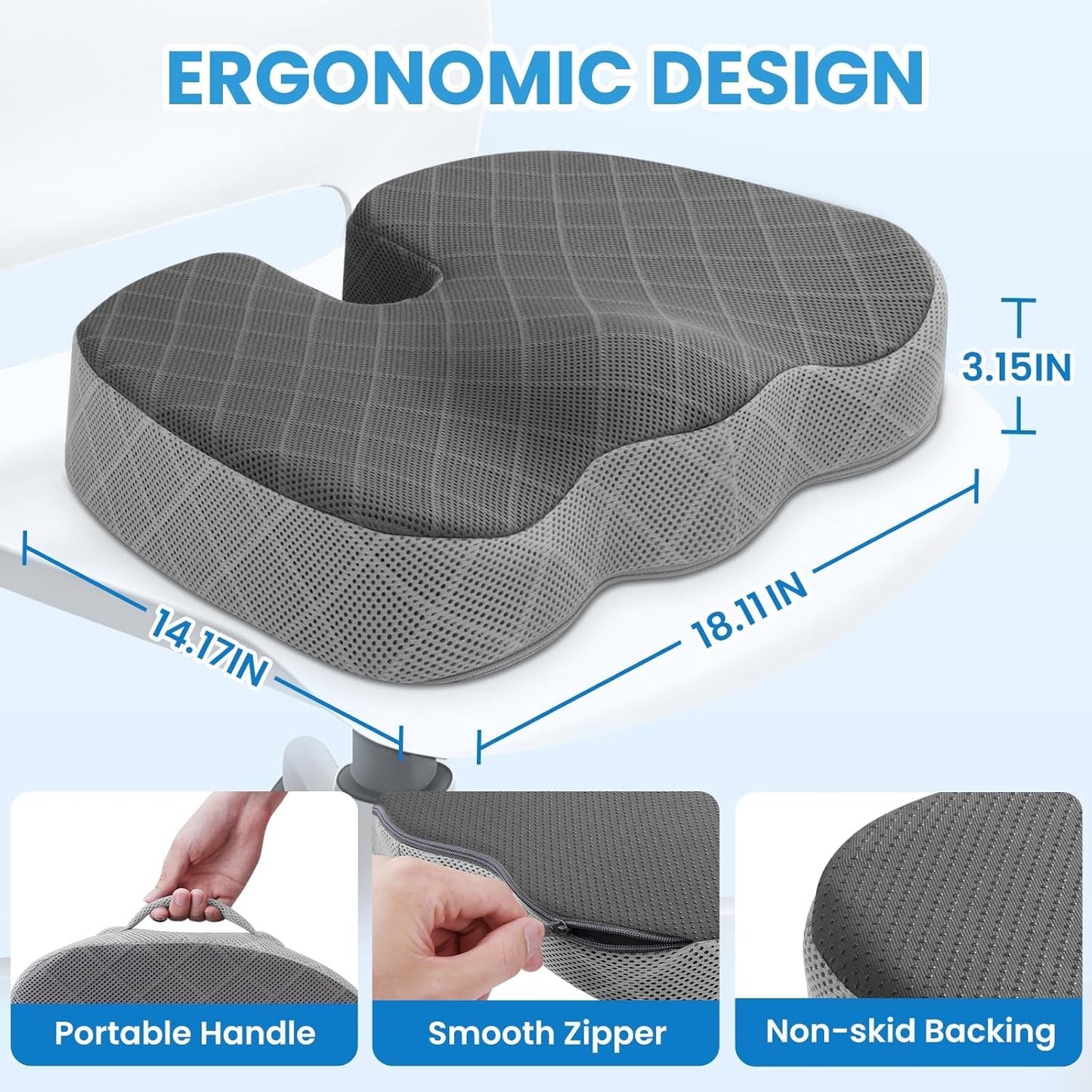 TushGuard Seat Cushion - Memory Foam Cushion for Office Chair, Car Seat, Airplane, Bleacher - Sciatica & Hip & Coccyx Pain Relief Desk Chair Cushion for Long Sitting Office Workers, Car Drivers