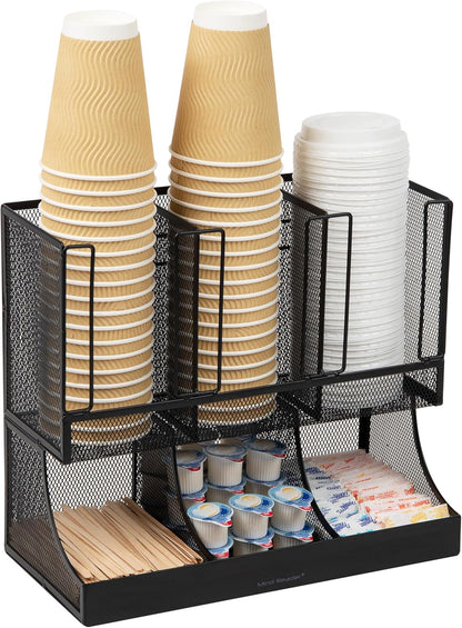 Mind Reader Cup and Condiment Station, 13 Inch Countertop Coffee Bar Organizer with 6 Compartments, Storage Caddy for Cups, Lids and Packets, Plastic, Black
