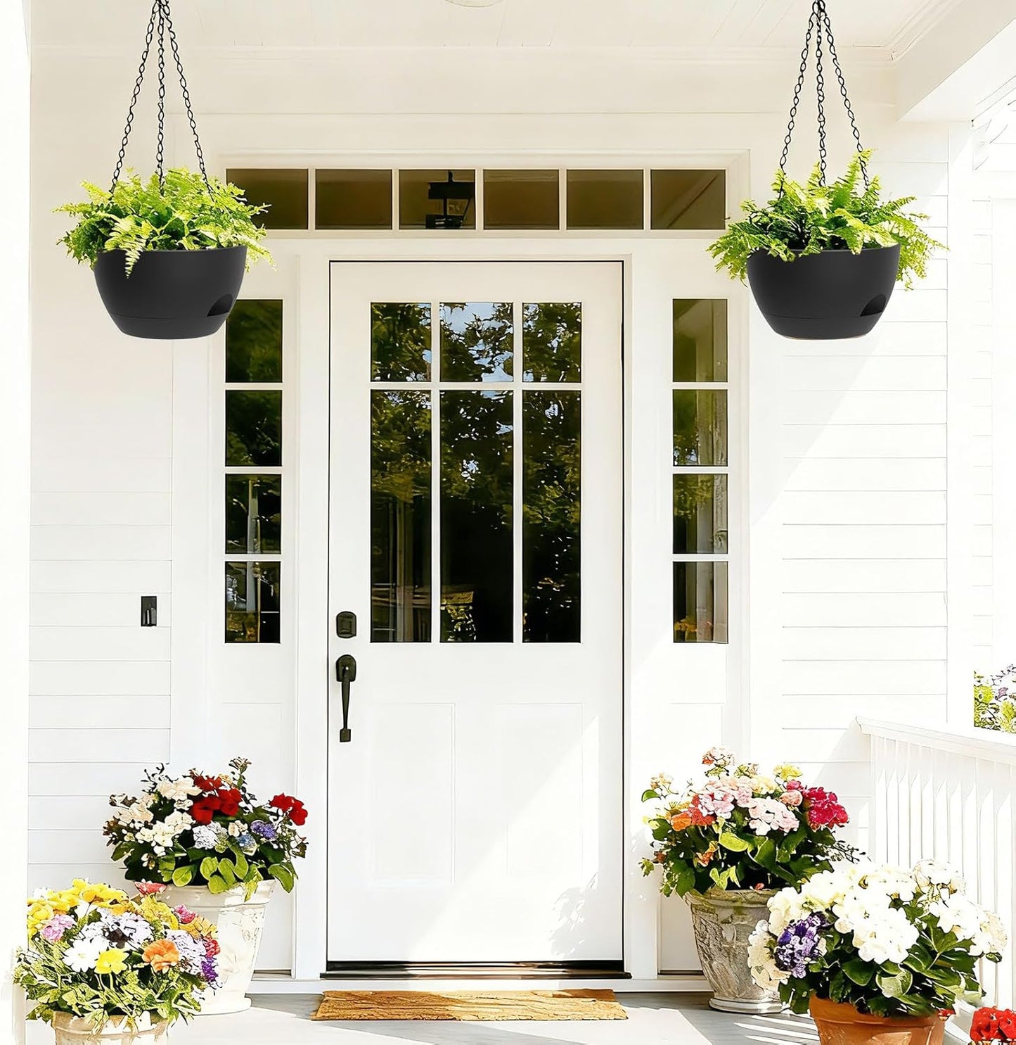 8 Inch Hanging Planters for Indoor Outdoor Plants, 4 Pack Black Plastic Self Watering Hanging Baskets with Drainage Holes and Chain for Garden Porch