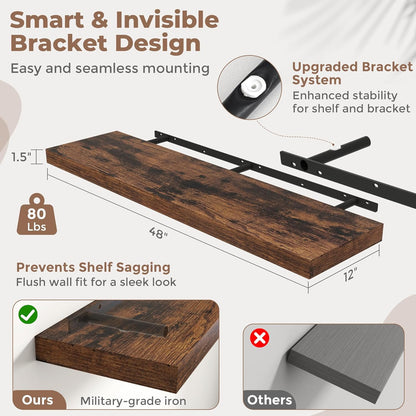 72 Inch Long Floating Shelves for Wall Set of 2, 12"D Wood Grain Bathroom Shelves with Invisible Brackets, Easy Install Engineered Wood Storage Shelves for Kitchen, Living Room, Bedroom, Black Finish