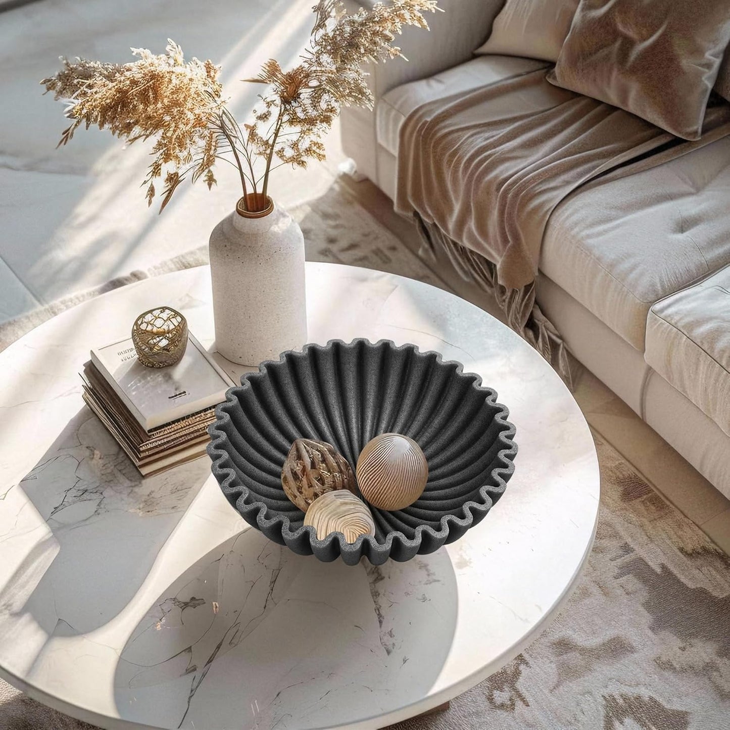 YMXYJM Large Decorative Bowl, Modern Handicraft Bowls for Home Decor, Fruit Bowl for Kitchen Counter, Ruffle Decor, Stylish Key Bowl for Entry Table, Artificial Stone Beige