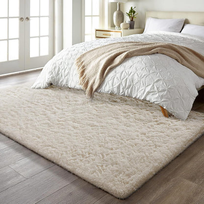 Ophanie Round Rugs 5Ft Ivory Circle Area Rug, Nursery Room Decor, Christmas Aesthetic Bedroom Home Circular Carpet 5 Foot, Fluffy Fuzzy Shag Plush Cream Living Room Rugs for Kids Boys Girls Teen Baby