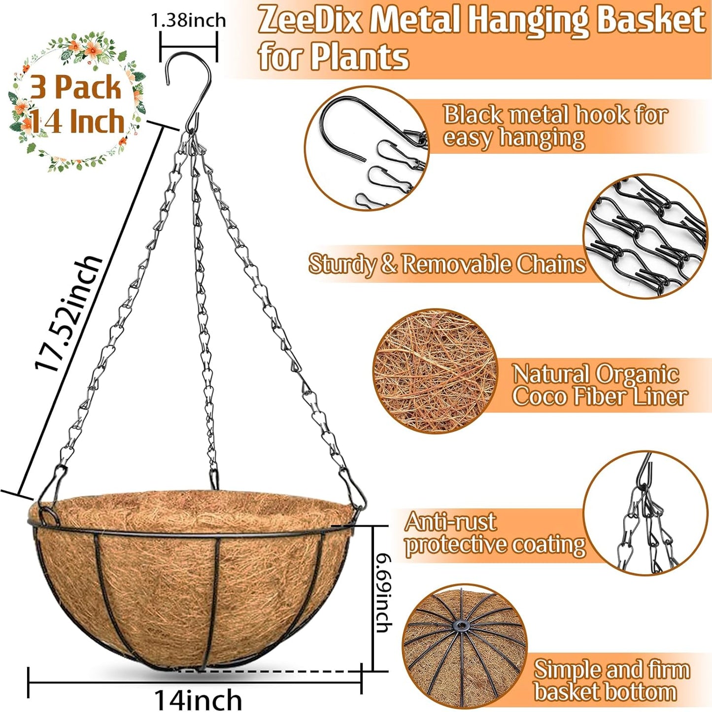 ZeeDix 2 Pack 14 Inch Hanging Baskets for Plants Outdoor, Metal Wire Round Planters with Coco Liner, Hanging Flower Baskets for Home Garden Porch Balcony Railings Decor