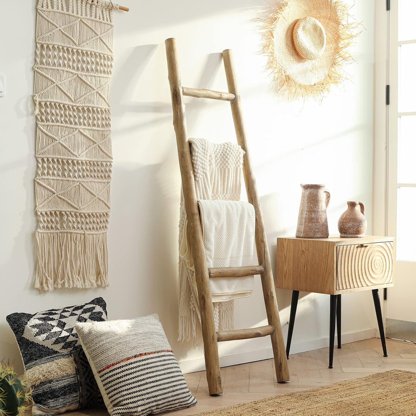 FUIN 57in Wood Blanket Ladder Living Room Decorative Wall Leaning Farmhouse Quilt Display Holder Rustic Wooden Towel Rack for Bathroom, Brown