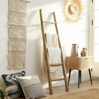 FUIN 57in Wood Blanket Ladder Living Room Decorative Wall Leaning Farmhouse Quilt Display Holder Rustic Wooden Towel Rack for Bathroom, Brown