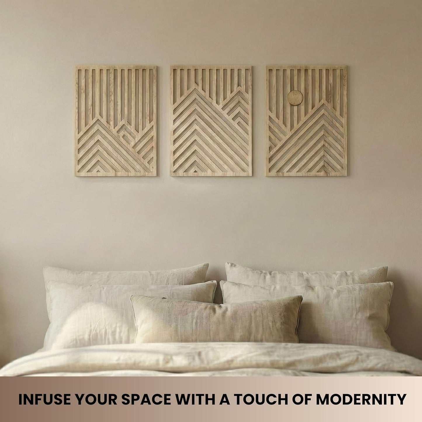 qmmp Modern Wooden Wall Sculptures - Set of 3 - Home Decor Accent - Large Wall Art for Living Room, Bedroom, Office - Easy Installation (Oak, Medium - Mountain and Sun)