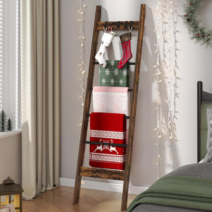Hzuaneri Blanket Ladder for Living Room, Decorative Quilt Rack with 4 Removable Hooks, 5-Tier Farmhouse Ladder Holder Shelf Organizer for Bedroom, Rustic Brown and Black 02101BBR