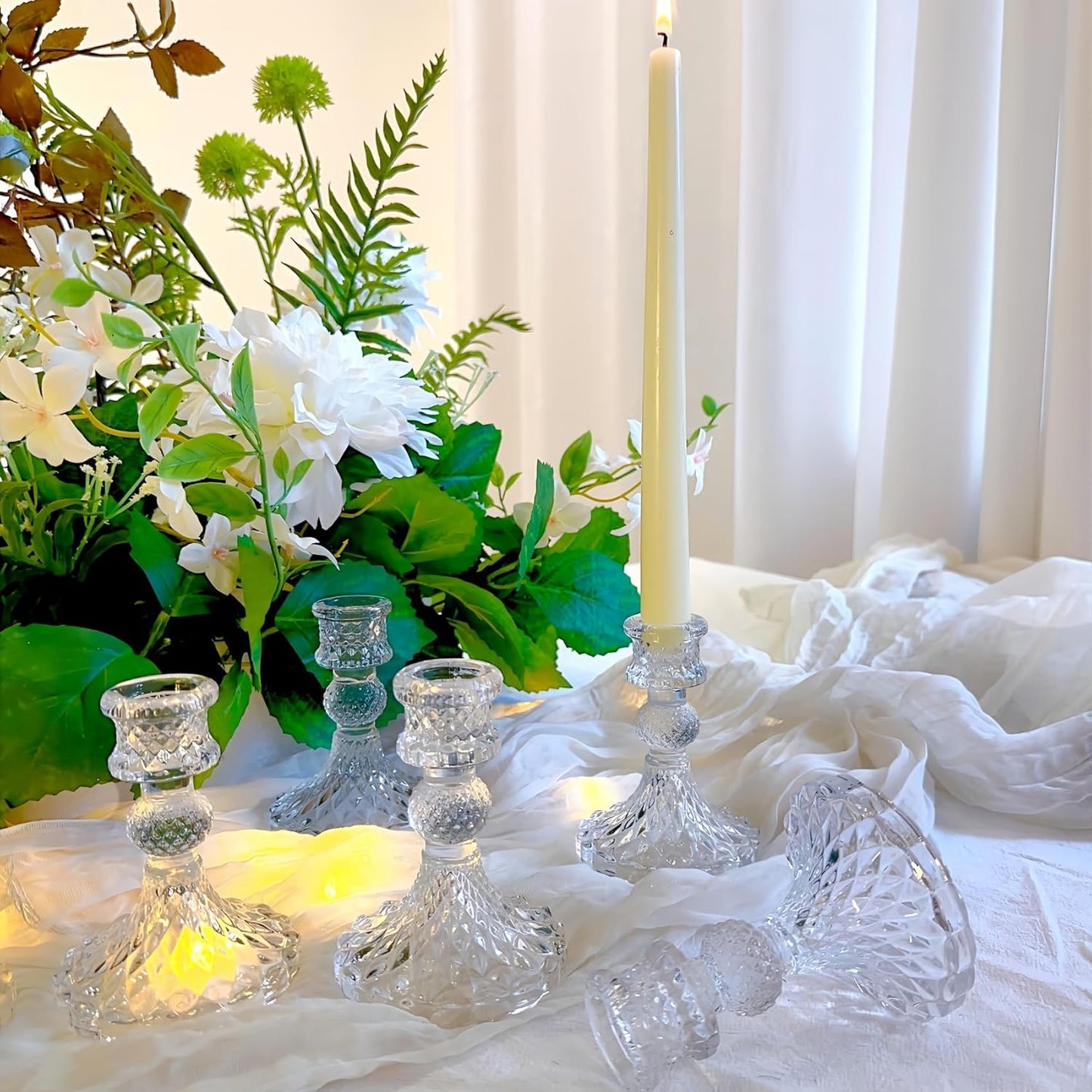 Glass Candlestick Holder,Striped Taper Candle Holders,Set of 6 Candle Stand for Table Centerpieces, Home Decor,Weddings,Festival and Parties (Clear Stripe Pattern)