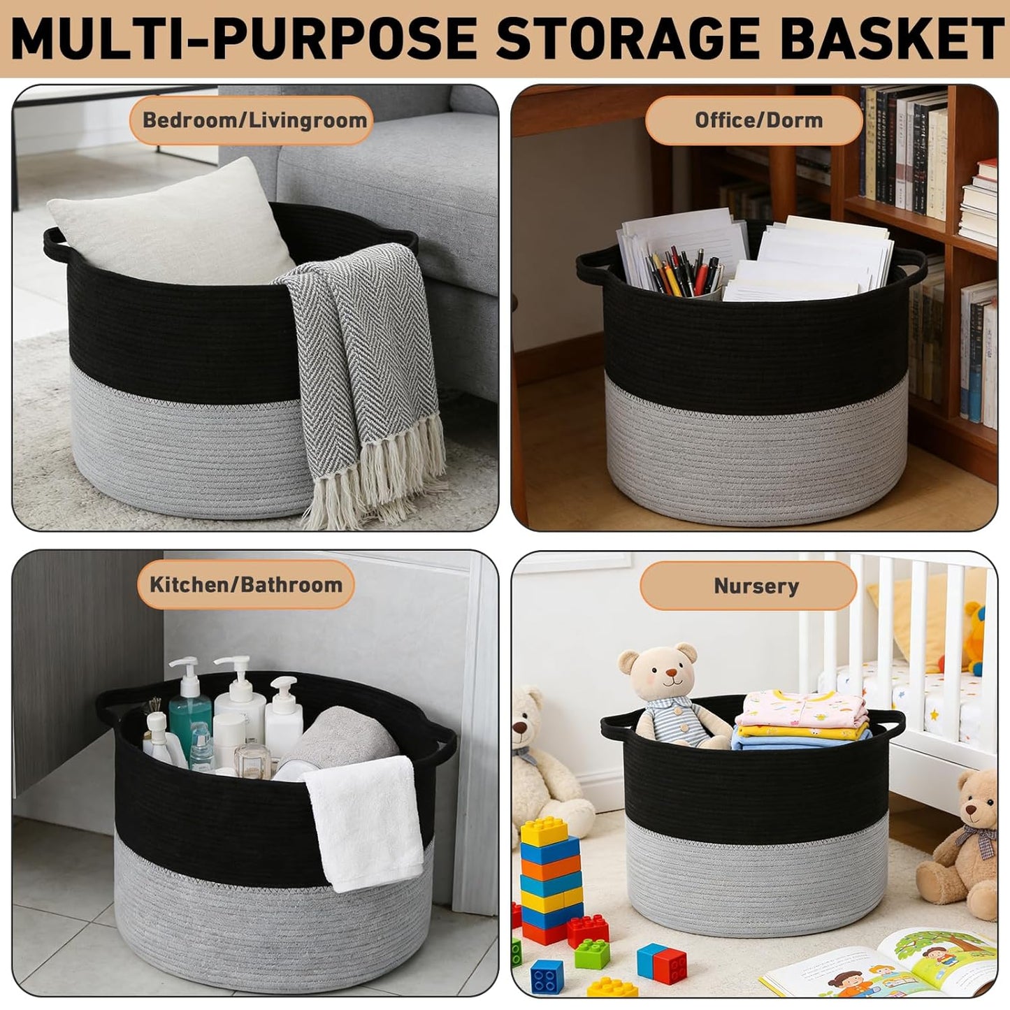 Large Woven Blanket Basket,65L Cotton Rope Laundry Basket Hamper with Handles, Decorative Nursery Basket Storage Bin for Toys, Clothes Organizer, Living Room, Bedroom, Bathroom, White & Brown