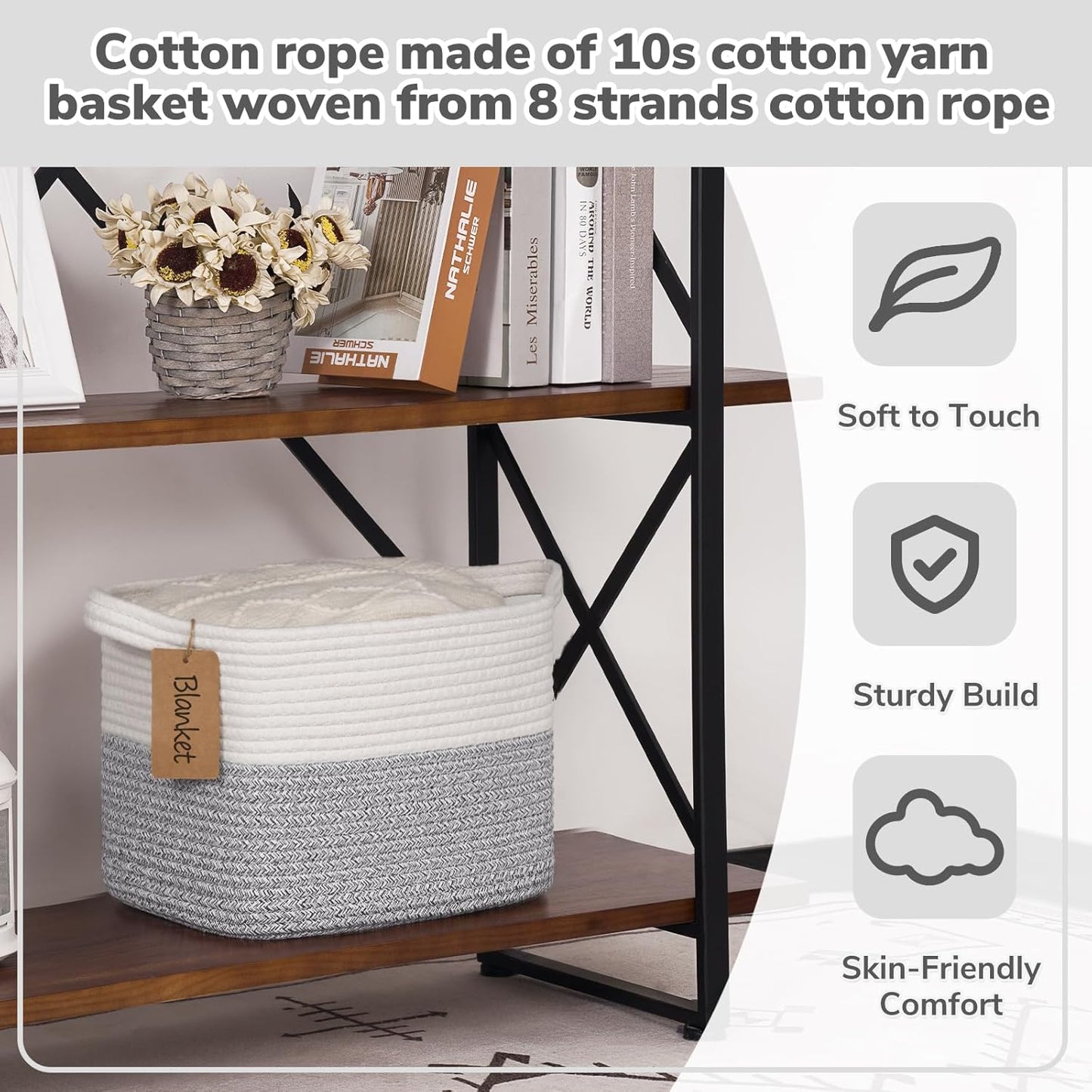 Goodpick Woven Storage Basket, Cotton Rope Basket for Dog Toys, Books, Stylish Gift Basket with Handles, 13 x 10 x 9 Inches Square Baskets for Organizing, Brown and White