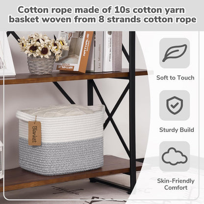 Goodpick Woven Storage Basket, Cotton Rope Basket for Dog Toys, Books, Stylish Gift Basket with Handles, 13 x 10 x 9 Inches Square Baskets for Organizing, Brown and White