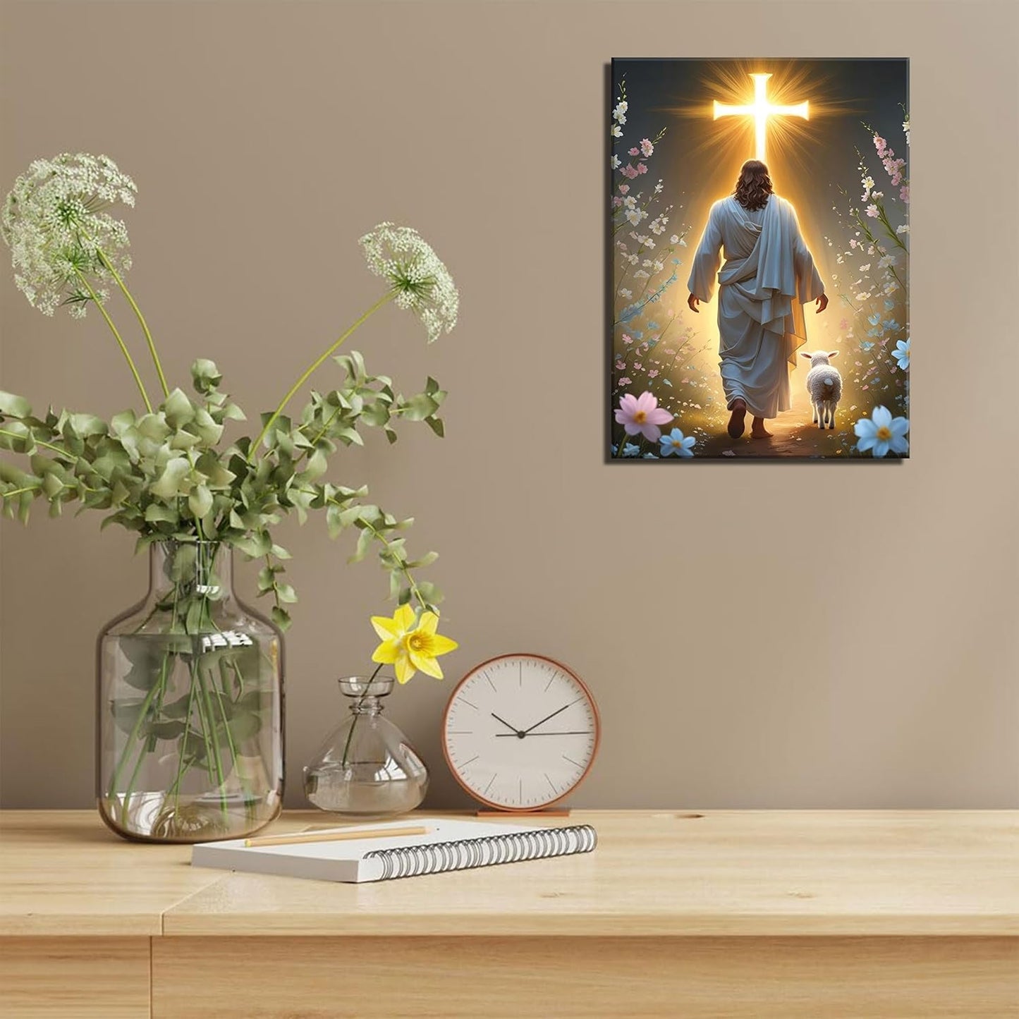 Abstract Jesus Walking on Water Canvas Wall Art Christian Spiritual Wall Decor Pictures Divine Light Modern Religious Posters Prints for Living Room Bedroom Church Decoration 12x16in
