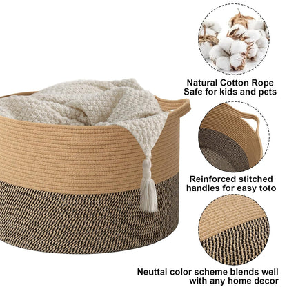 Large Woven Blanket Basket,65L Cotton Rope Laundry Basket Hamper with Handles, Decorative Nursery Basket Storage Bin for Toys, Clothes Organizer, Living Room, Bedroom, Bathroom, White & Brown