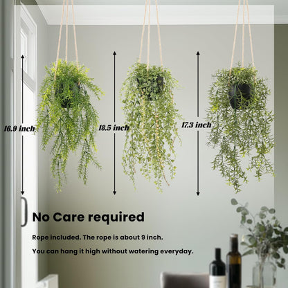 3 Packs Fake Hanging Plants with Black Pots, 20" Artificial Hanging Plants for Wall Decor, Fake Fern Plants Mandala Vine for Home Bathroom Bedroom Kitchen Office Room Decor