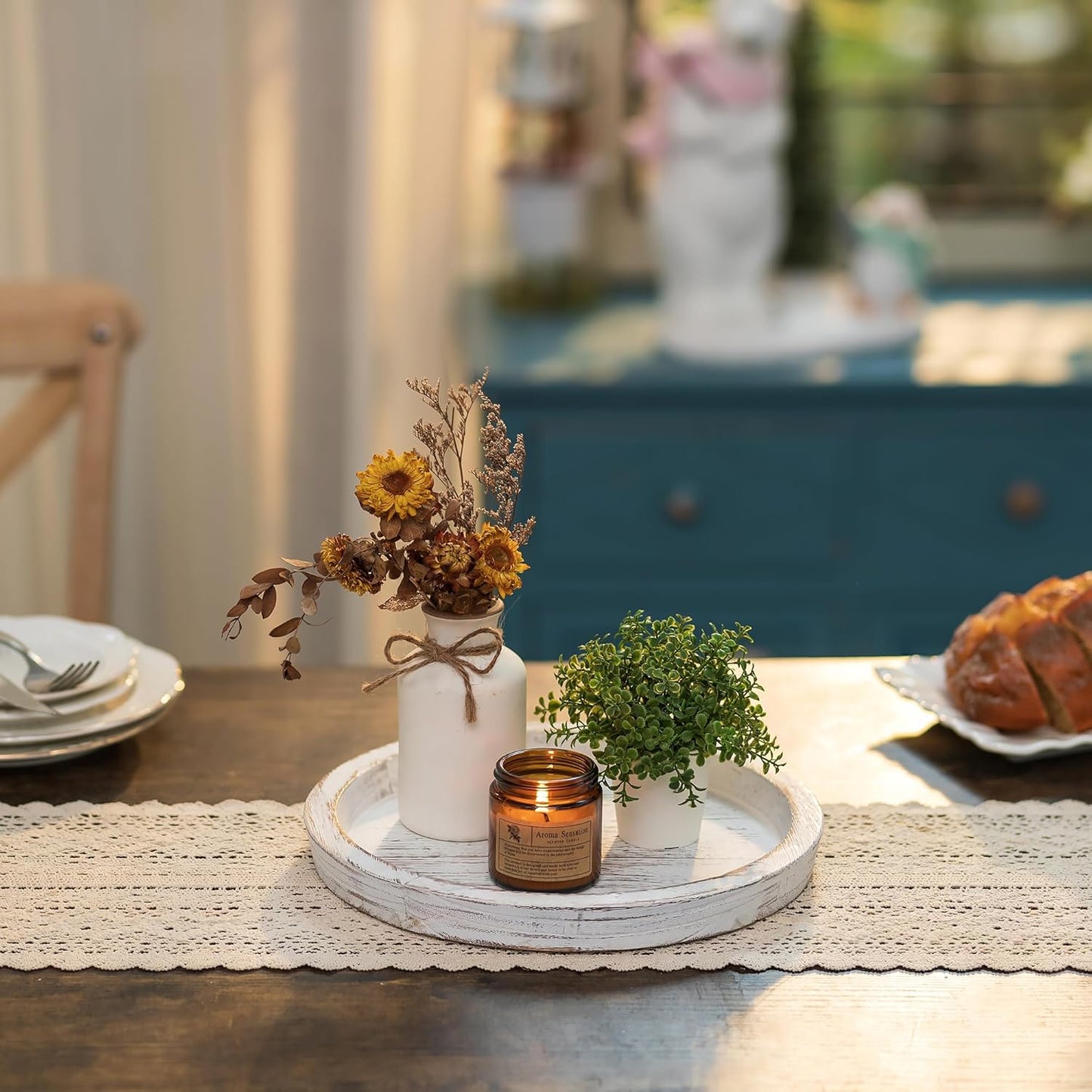 Hanobe Candle Plate Holder Tray: Round Wood Decorative Candle Plate - Rustic Farmhouse CoffeeTable Decor - Tealight Pillar Trays for Home Decor (Distressed)