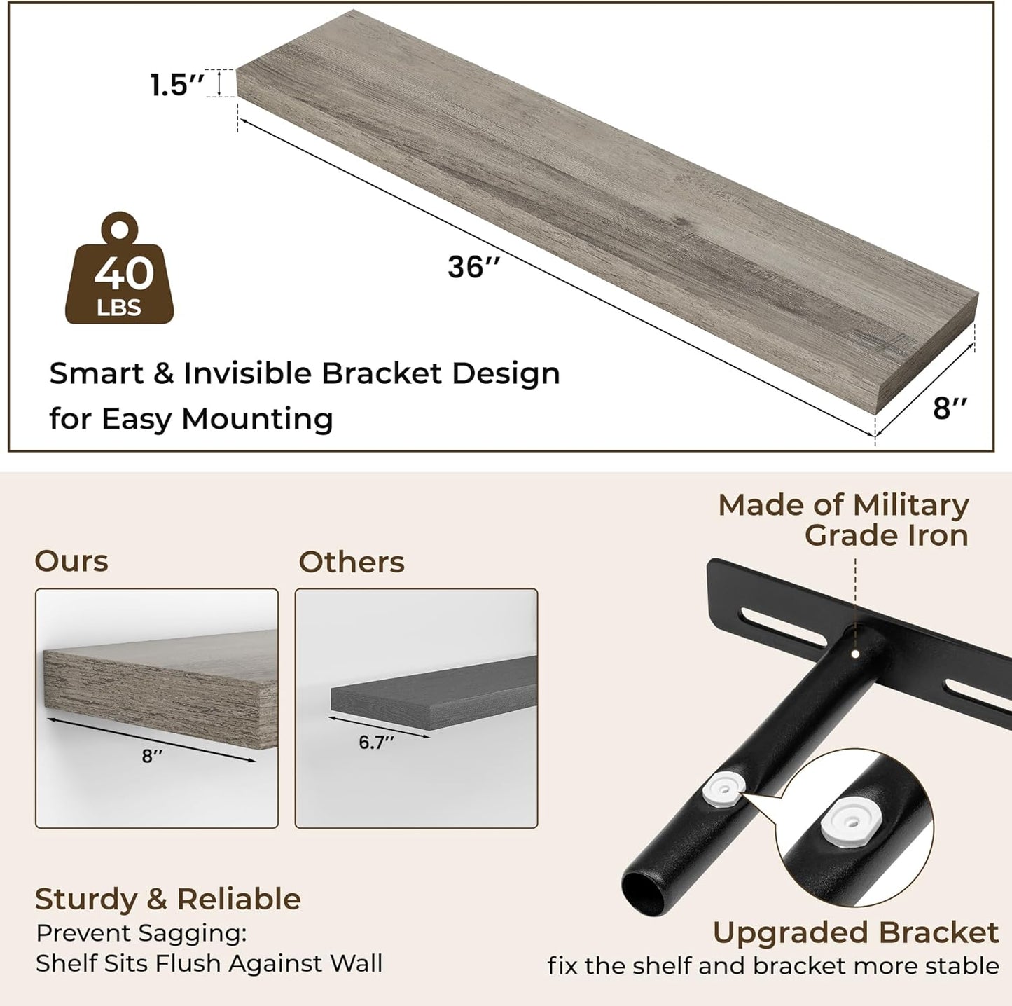 RICHFOCUS 72Inch Floating Shelves for Wall 2 Pack Shelves for Bedroom|Kitchen|Bathroom Wall Mounted Rustic Wood Floating Shelf with Invisible Brackets for Books|Storage|Decor, Rustic Brown